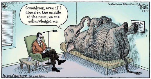 Cartoon playing on the phrase "the elephant in the room".