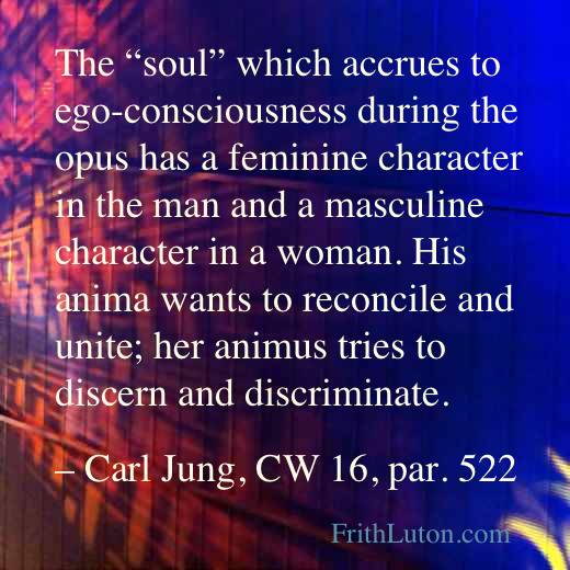 Quote from Carl Jung: "The “soul” which accrues to ego-consciousness during the opus has a feminine character in the man and a masculine character in a woman. His anima wants to reconcile and unite; her animus tries to discern and discriminate."